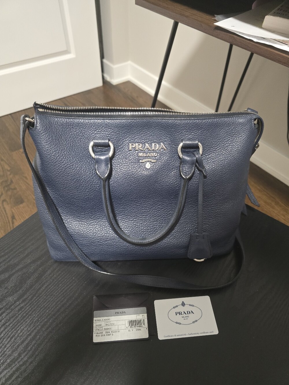 Prada Milano Navy Leather Tote Bag